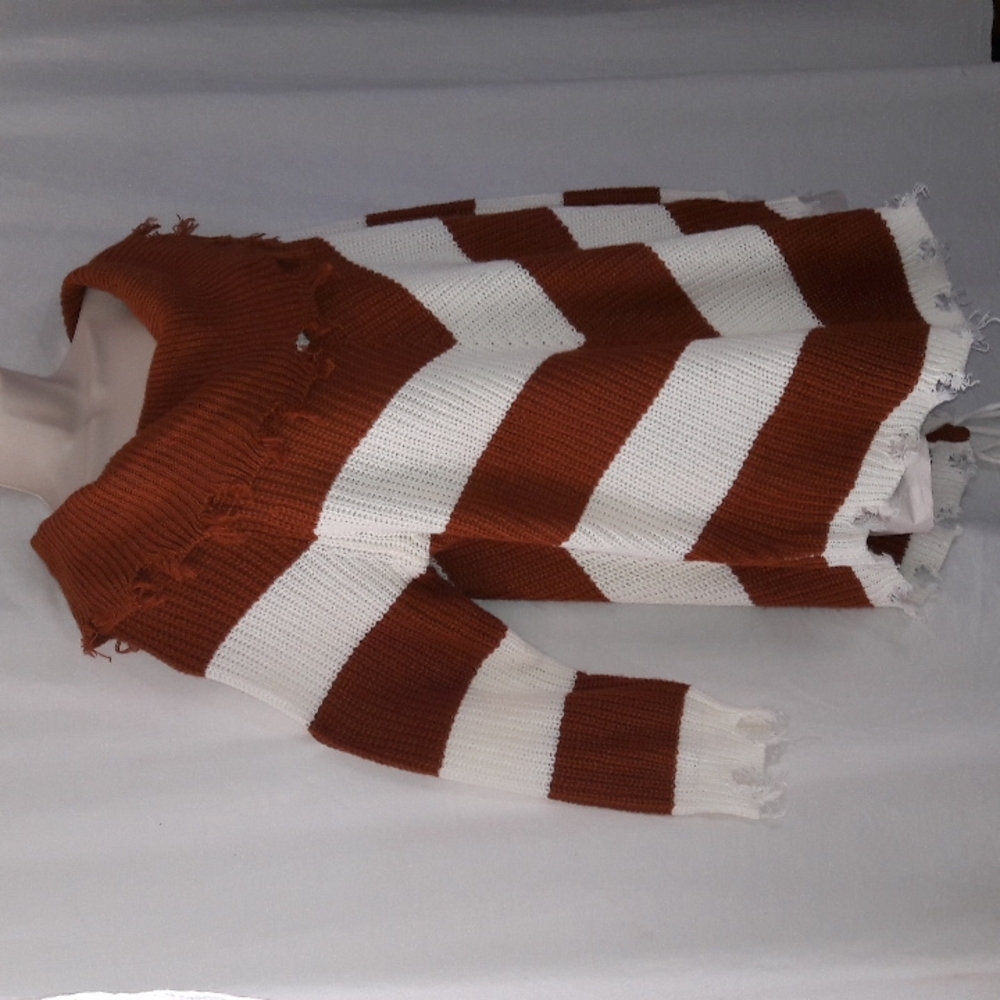 Derek Heart Sweater Size 2X Brown & White Stripes Lace Up Distress Long …